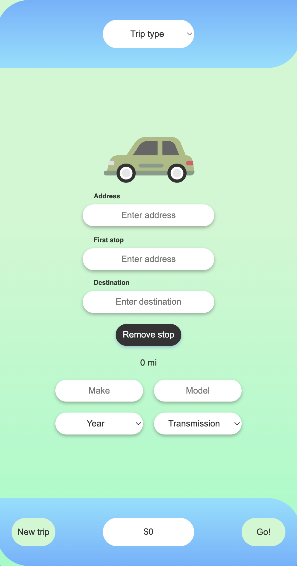 Screenshot of a gas-use price tracking app. A green car is at the top of the screen, followed by a series of vehicle detail and location inputs.