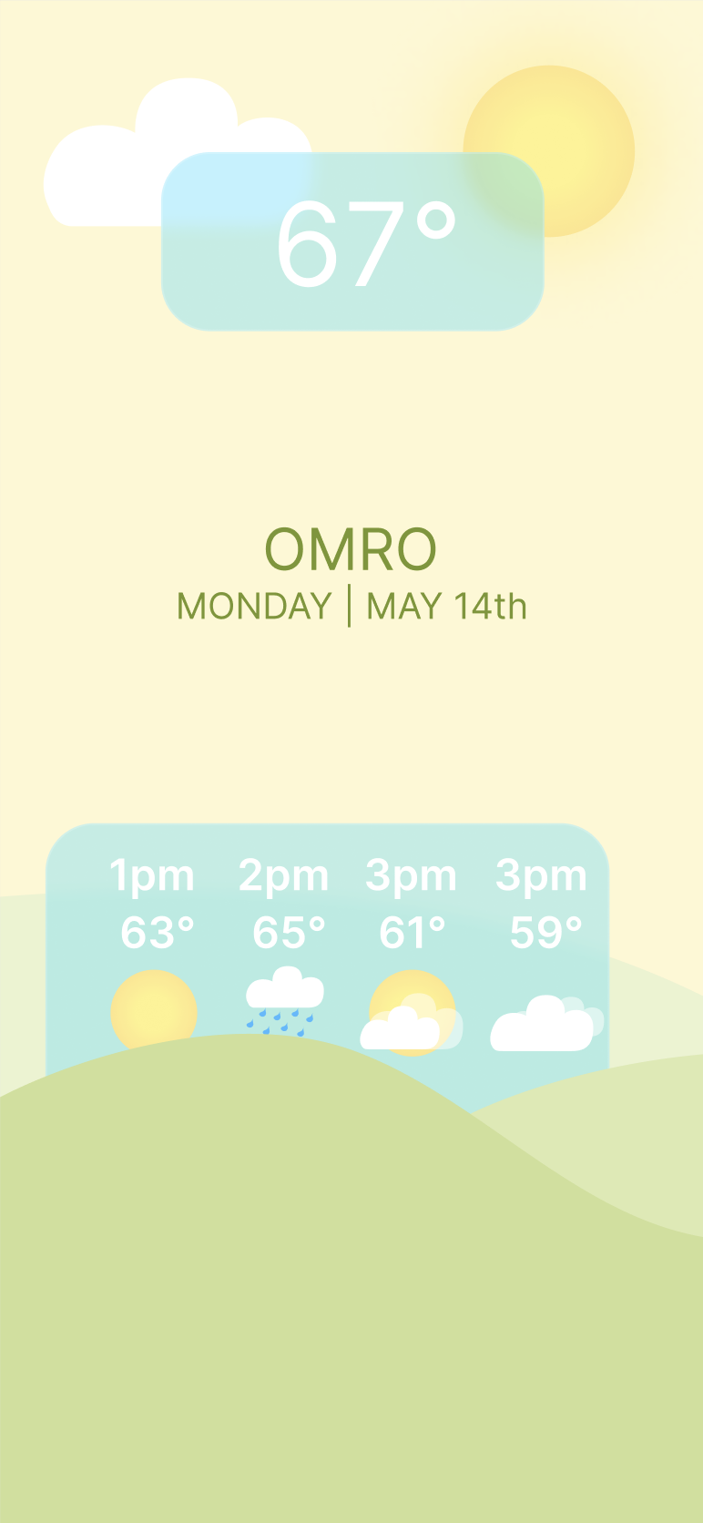 A final mockup of my minimal weather app. This background is displayed during the day, and shows a bright, sunny background.