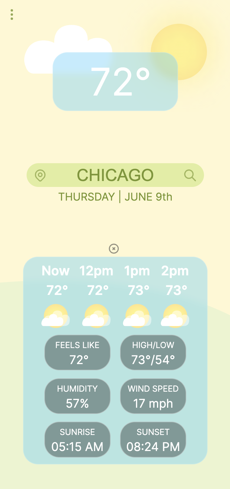 A screenshot of my weather app's advanced weather properties. These properties include high and low temperatures, wind speeds, humidity, and sunrise/sunset times.