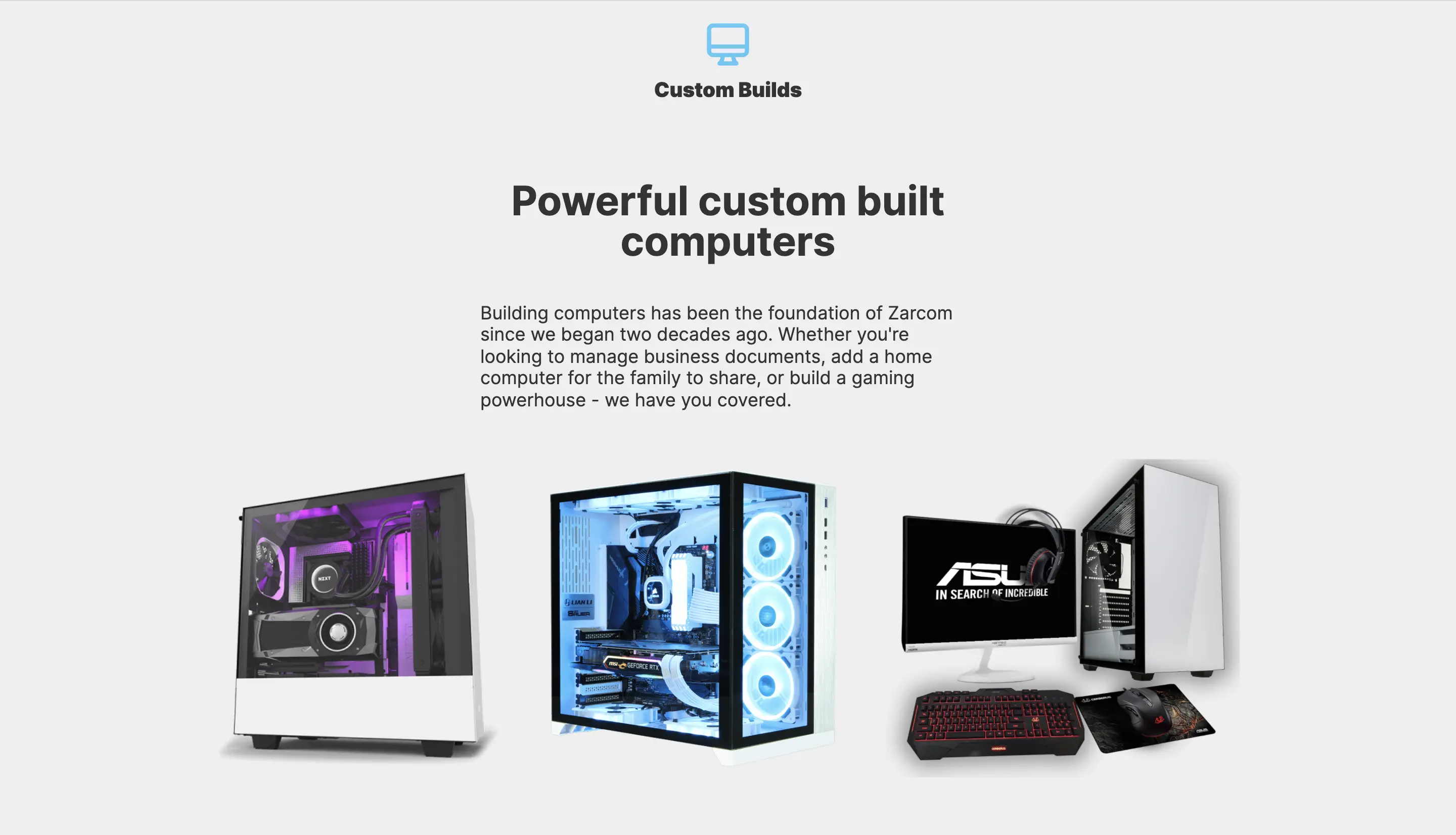 Screenshot of the 'Custom Builds' section of Zarcom's website.